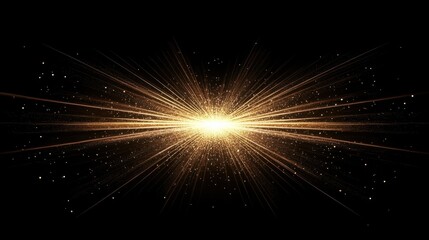 Fototapeta premium Golden rays of light shine on a black background with a glittery effect.