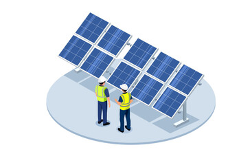 Engineers Inspecting Solar Panels at Solar Farm – Renewable Clean Energy Concept Illustration
