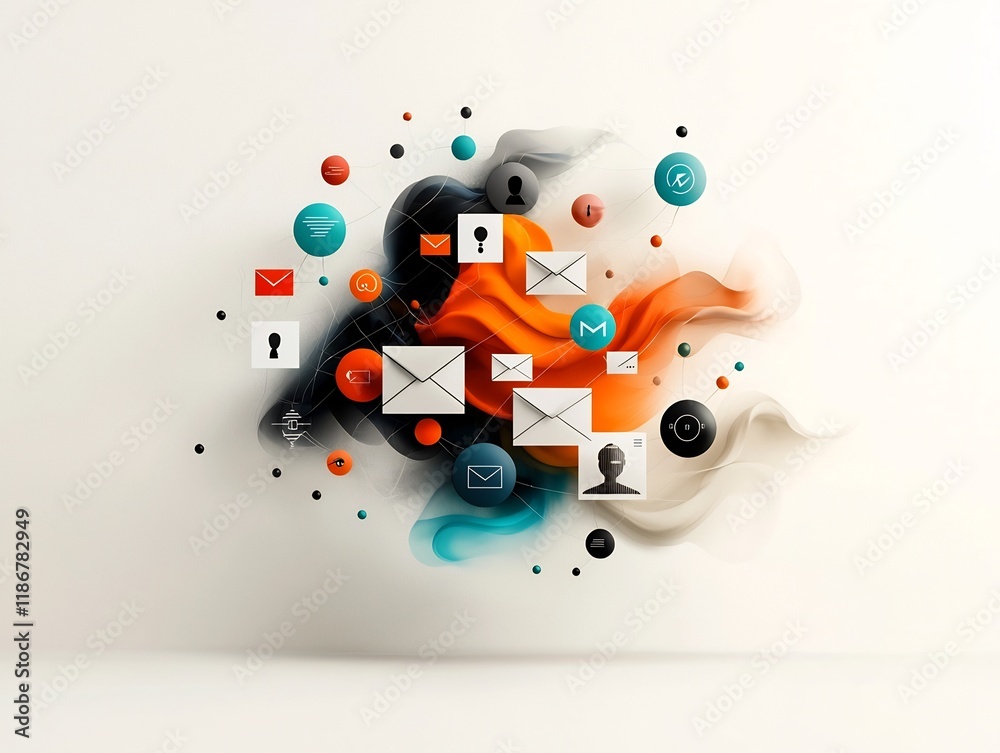 Poster experimental digital collage depicting a futuristic global communication system visualized as a flow
