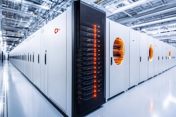 A professional IT setup with a server undergoing upgrades, displayed in a secure, high-tech environment