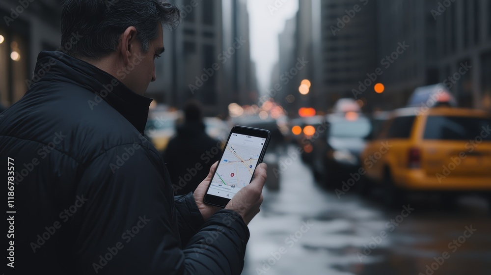 Poster businessman navigating with a smartphone app on a new york city street with blurred yellow cabs and 