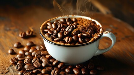 Fototapeta premium Steaming cup of coffee surrounded by roasted beans, creating warm, inviting atmosphere perfect for morning rituals