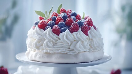 Delicious pavlova cake topped with fresh raspberries and blueberries, decorated with whipped cream.
