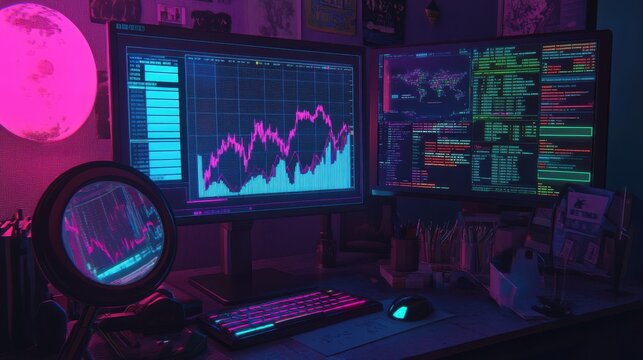 a magnifying glass amplifies intricate line graphs and bar charts classic 8-bit aesthetics enhance the financial data soft neon glow accents edges creating a nostalgic gaming - Powered by Adobe