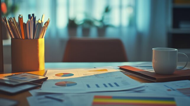 Collection of business analytics charts and graphs stacked on each other on paper on desk in office