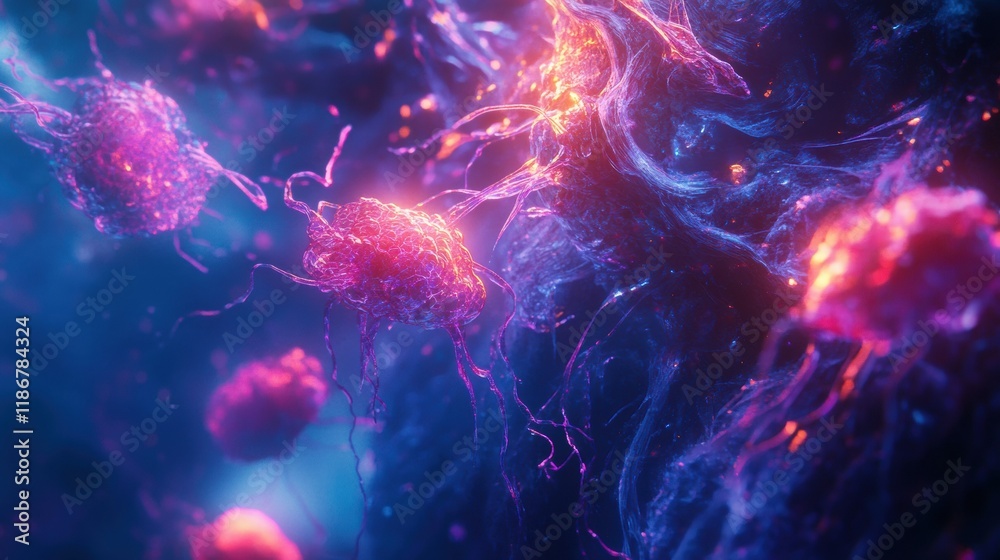 Fototapete cancer cells with glowing edges displaying abnormal characteristics under magnification. generative 