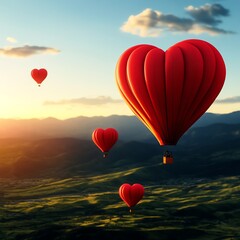 Fototapeta premium Hot air balloons shaped like hearts, flying over a vibrant valley, 3D illustration