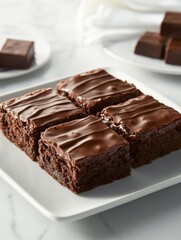 large chocolate brownies on a plate on a white granite table