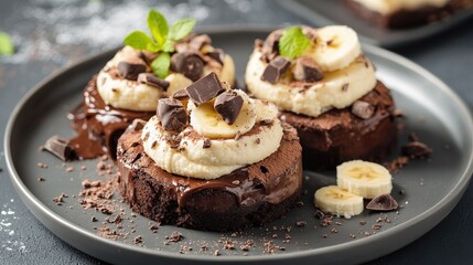 Delicious homemade chocolate dessert with banana, ricotta (cremcheese, mascarpone) and brownie. Mole cake. Portions of pie in a gray plate. Selective Focus