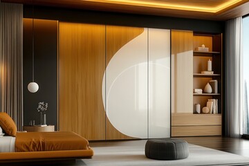 Modern Minimalist Bedroom with Glossy Sliding Door Wooden Wardrobe