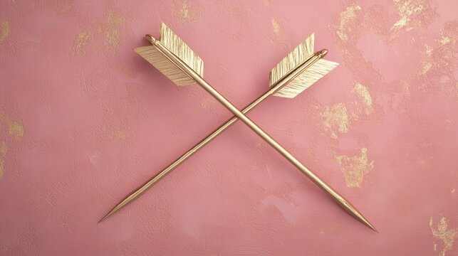 A pair of gold cupid arrows crossed over a muted pink background