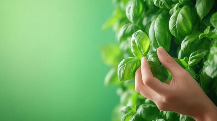 Fresh Basil Hand Touching Green Leaves in Natural Setting