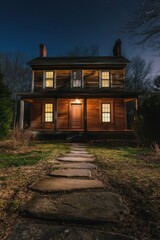 Historic wooden house illuminated at night with a pathway leading to the entrance, surrounded by nature and a starry sky