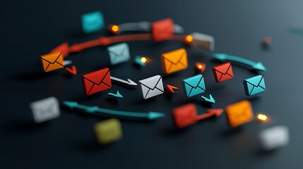 Vibrant and Dynamic Digital Community Interacting through a Minimalist Freehand User Interface with Colorful Arrows Directing the Flow of Communication and Glowing Mail Icons Representing the