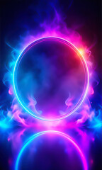 Obraz premium Neon Glowing Circular Frame with Vibrant Lights – Abstract Digital Background for Modern Graphic Design Print Poster and Web Projects