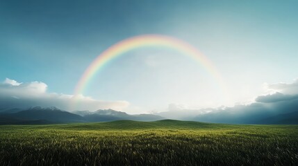 Naklejka premium Heartshaped rainbow over a serene meadow, whimsical and dreamy, 3D illustration