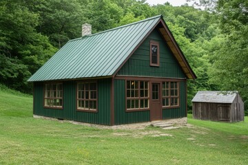 Obraz premium Nestled in a lush forest, a charming green cabin stands amidst nature's beauty, complemented by a rustic shed in the background on a tranquil summer day