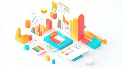 Obraz premium Dynamic isometric view of a business presentation, data report illustration, isolated on white background, bright colors, clear and informative