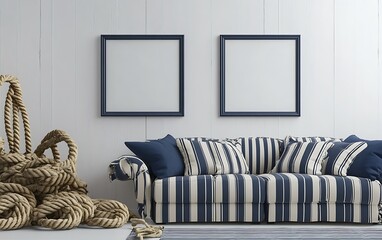 Nautical-themed living room with sofa, rope, and frames; coastal home decor