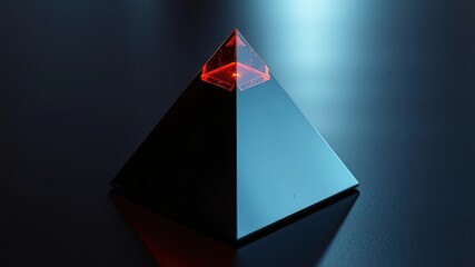 A luminous red cube sits atop a reflective black pyramid, casting a warm glow on its surface
