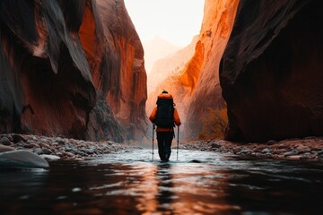 A serene scene of a hiker exploring the Narrows in Zion National Park, with towering canyon walls and a flowing river