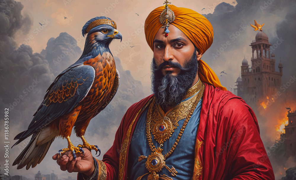 Poster man with a turban and a bird in his hand. the bird is a falcon