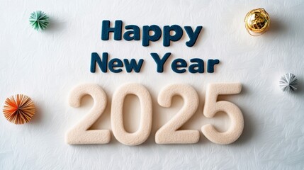 Happy New Year 2025: Festive New Year's greeting with the numbers 2025 and the words "Happy New Year" arranged artfully, surrounded by colorful decorative elements.