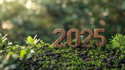 More business growth in the new year 2025 made of wood, New Year 2025 on the ground, natural green background, New Year concept.