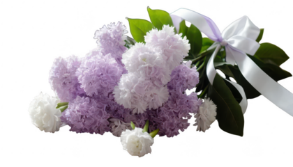 A charming bouquet of soft purple lilacs and white carnations, tied with a silky ribbon, resting on a vintage wooden table with gentle natural light, perfect for floral-themed designs