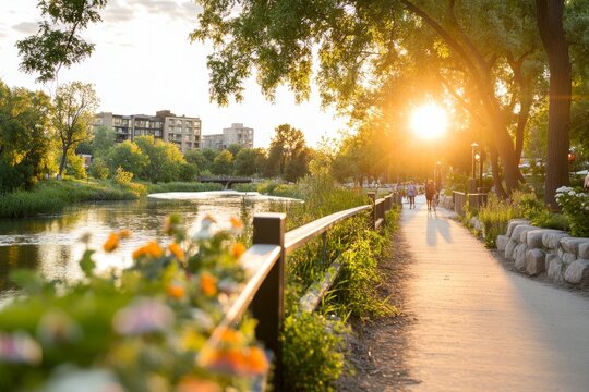 A serene urban riverwalk with a view of city buildings, trees lining the path, and people walking or cycling