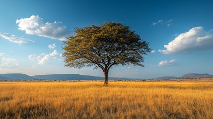 Fototapeta premium Solitary Tree in Golden Grassland Under Blue Sky