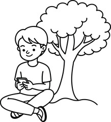 A cute baby using phone under a tree line art vector illustration