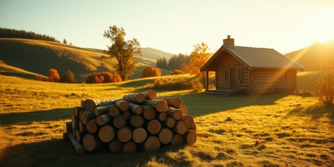 A Rustic Cabin Nestled Amidst Lush Green Fields and Bathed in the Golden Glow of the Setting Sun, with a Stack of Timber Logs in the Foreground