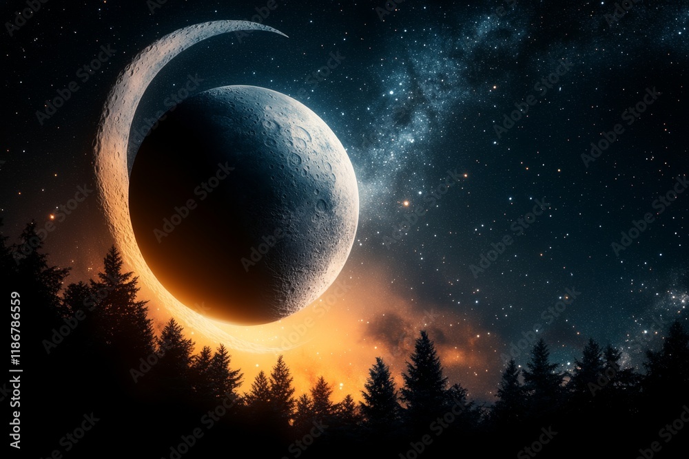 Poster a silhouette of a telescope pointing toward the stars, with a crescent moon and minimalist constella
