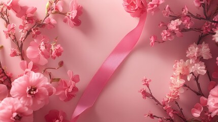 Fototapeta premium Pink flowers and ribbon on pink background.