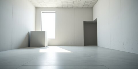 Sunlight streams through a large window illuminating a minimalist, white interior space with a simple rectangular form and textured walls.