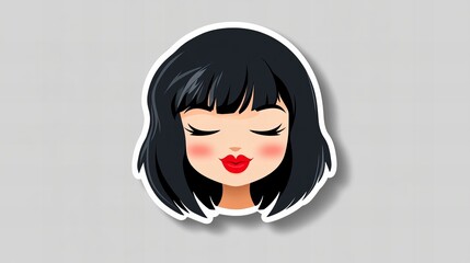 Cute cartoon girl with black bob, closed eyes, and red lips.  A fun, playful illustration.