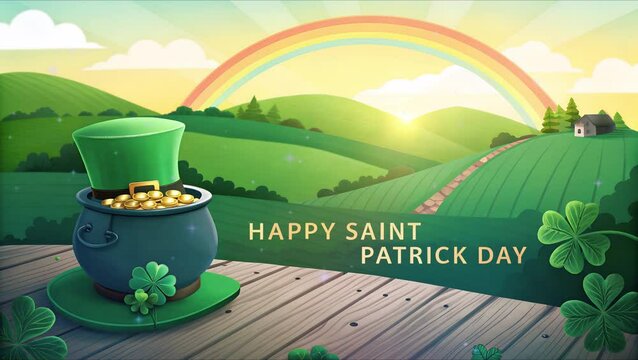  festive saint patrick day with green garden with rainbow in background.
