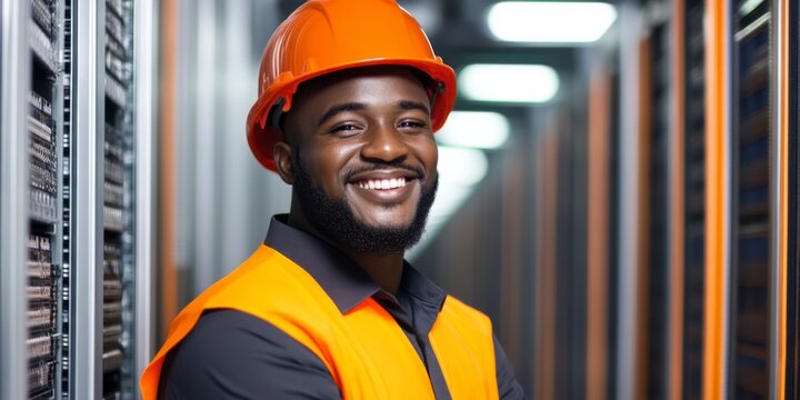 Smiling IT Technician: A portrait of a happy African American IT technician, wearing an orange hard hat and safety vest, standing confidently in a server room.