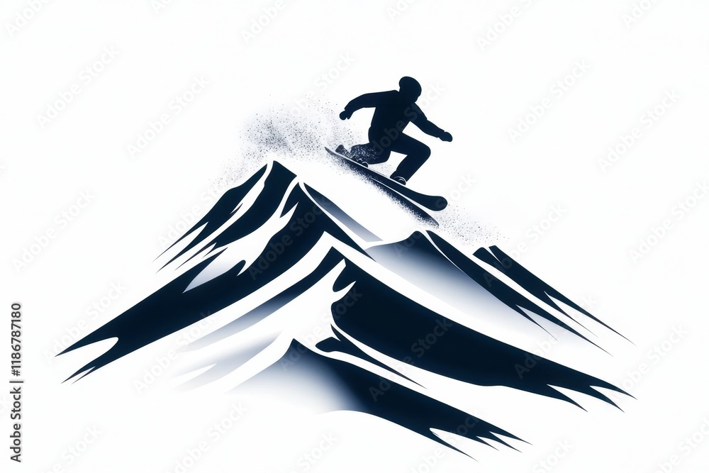 Poster a simple icon of a snowboarder descending utah snowy wasatch range, drawn with sharp, minimalist lin