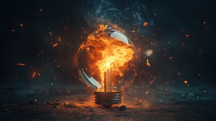Fiery lightbulb exploding with sparks and smoke on dark background.