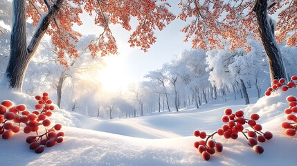 Tranquil Winter Landscape with Frozen Rowan Trees and Vibrant Red Berries, Perfect for Festive Season Graphics