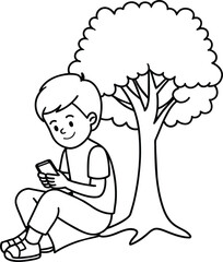 A cute baby using phone under a tree line art vector illustration