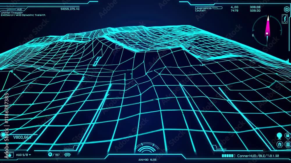 Poster Exploring a futuristic digital landscape with grid patterns and elevation changes in real-time