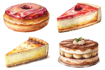 Colorful dessert illustrations, delicious pastries, watercolor style, sweet treats, gourmet cakes, vibrant colors, artistic presentation.