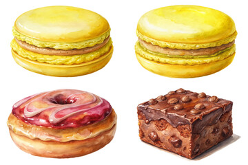 Colorful dessert illustrations, macarons and donuts, sweet treats, watercolor style, bakery art, food design.