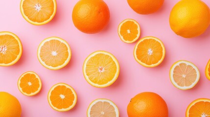 Fototapeta premium Flat lay of oranges and lemons on pink background.