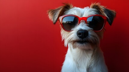 Charming Playful Terrier Dog in Heart Sunglasses on a Striking Red Background for Creative Valentine's Day Greetings
