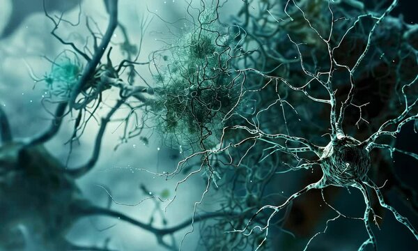 Microscopic view of interconnected neurons with blue tint