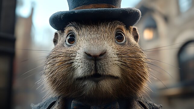 A Lively Enchanting Groundhog in a Sophisticated Top Hat on a Bright Blue Background